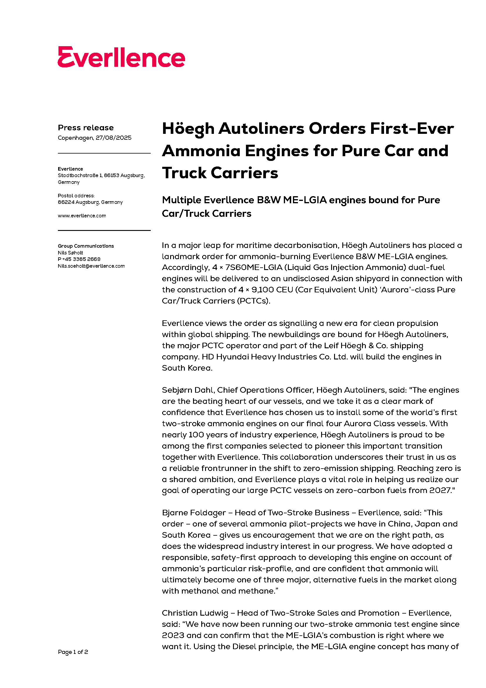Höegh Autoliners Orders First-Ever Ammonia Engines for Pure Car and Truck Carriers